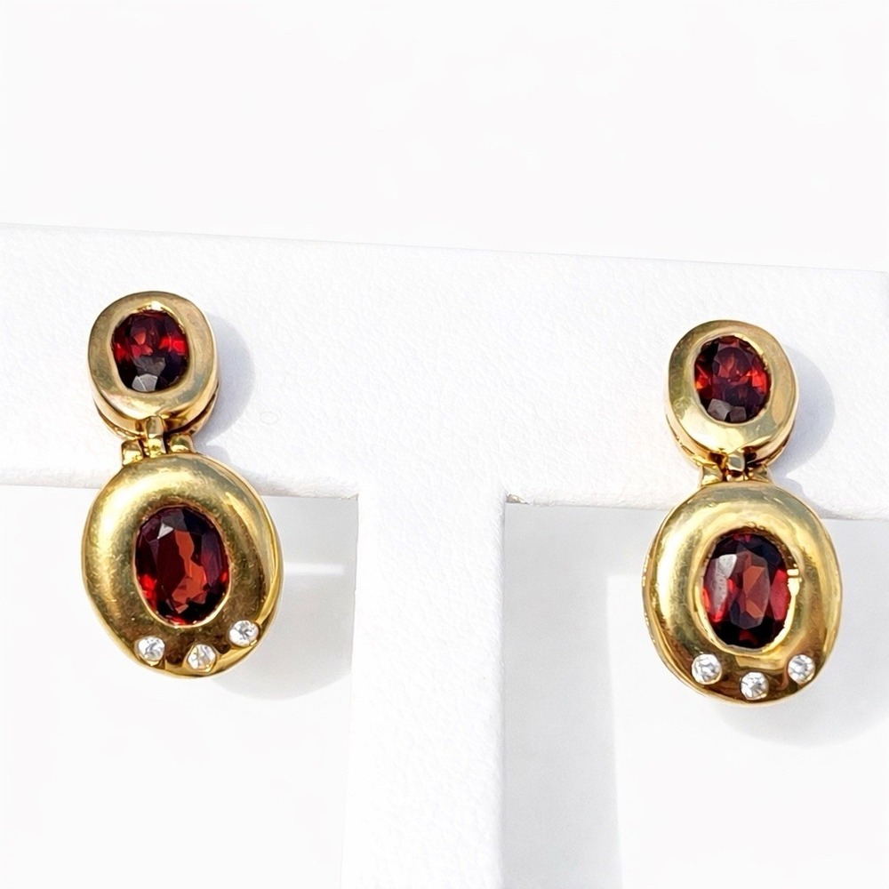 925 Sterling Silver Gold Plate Oval Garnet Drop Earrings Cz Accents